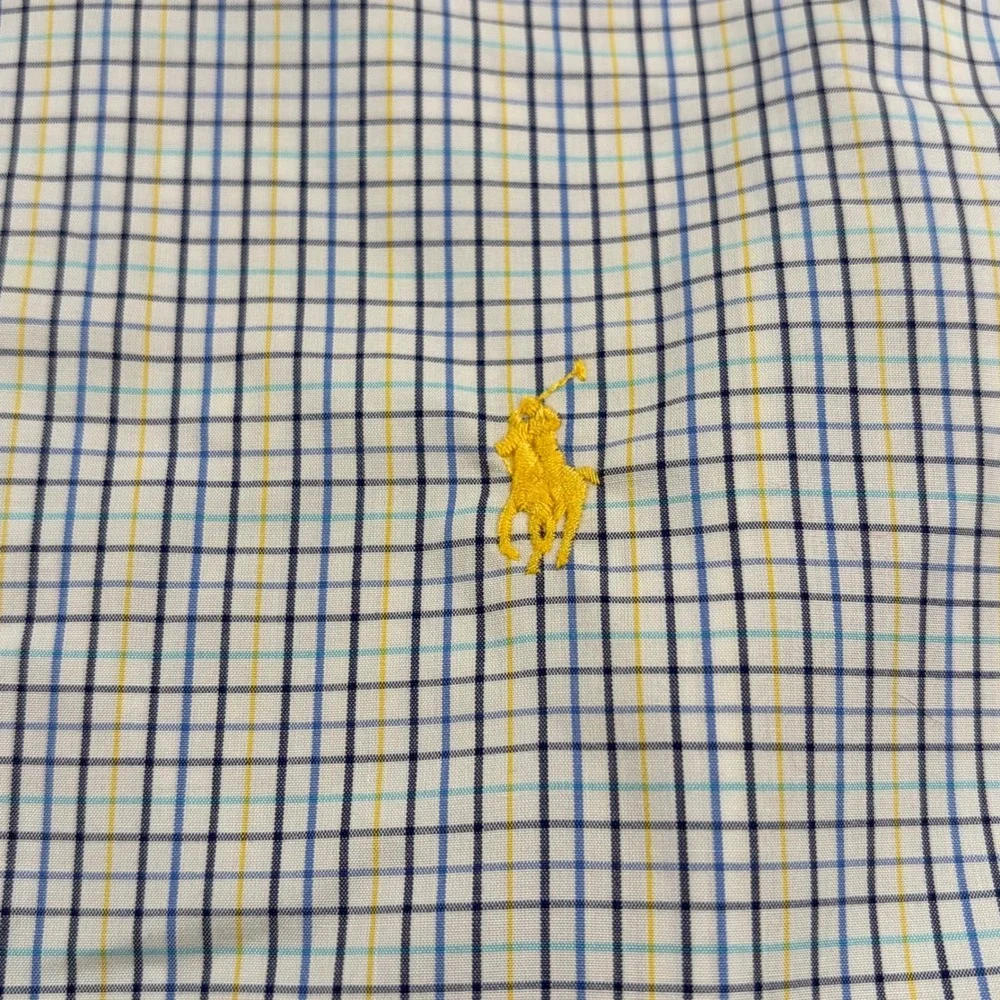 Polo Ralph Lauren Dress Shirt Mens 16.5 34/35 Blue Yellow Check Easy Care LS